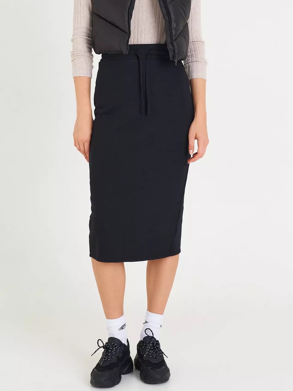 ZARA Midi Fleece Skirt With Drawstring In Black Size S